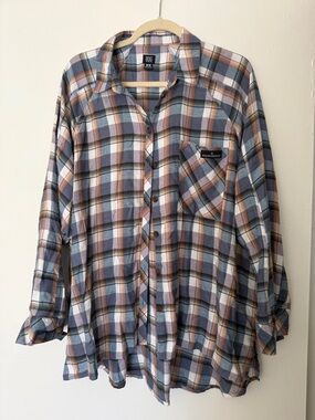BDG Medium Oversized Blue, Brown & White Plaid Button-Down Flannel Style Shirt